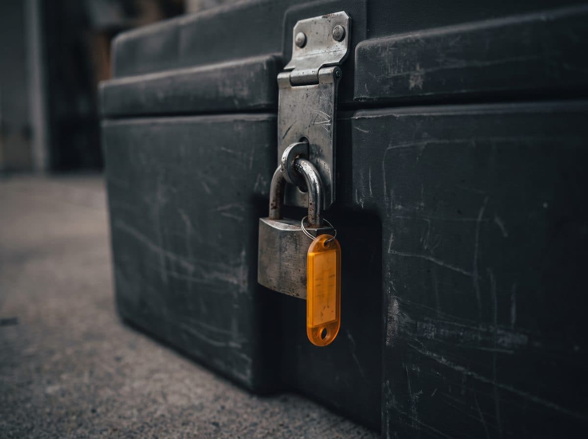 A heavy steel site job box closed with a padlock, an amber key tag hanging from the hasp.