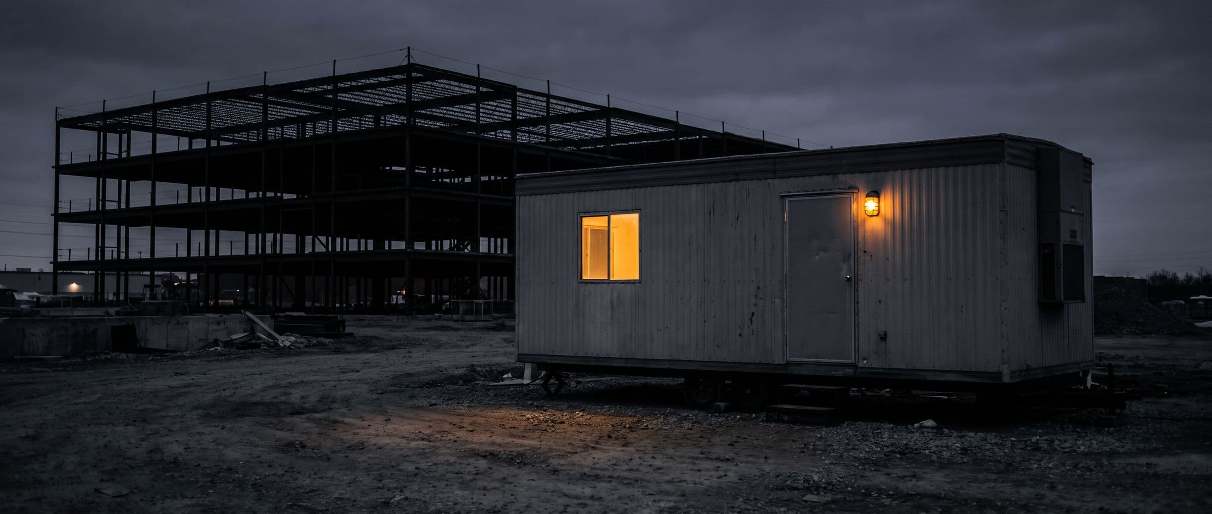 A single site office trailer at night with one lit window, alone on a dark construction site in front of an unfinished steel frame.