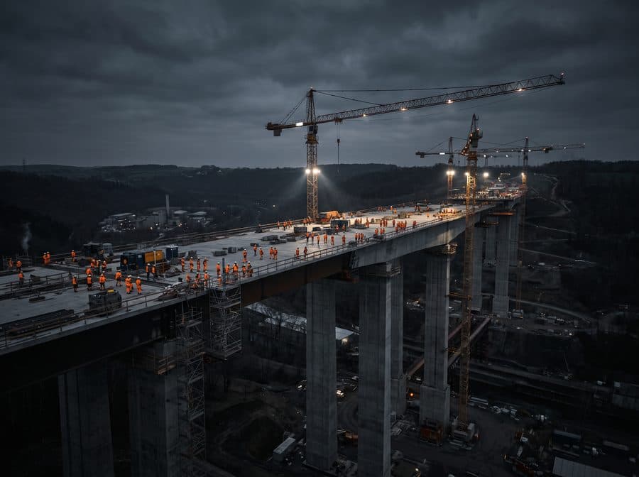 A vast bridge deck under construction at dusk, lit by floodlights, with dozens of workers and several tower cranes.
