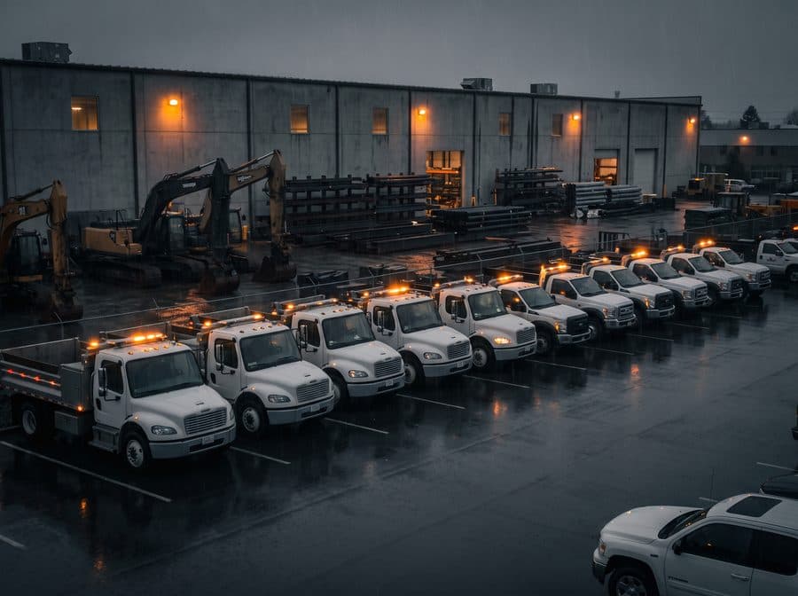 A contractor's yard in the rain, with a fleet of identical work trucks parked in rows outside a warehouse.