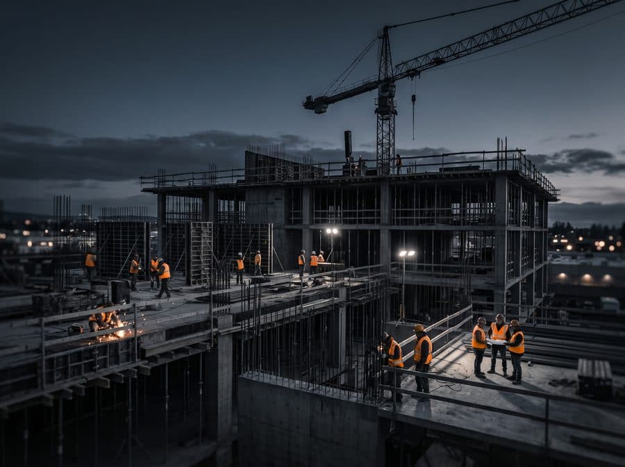 A multi-storey concrete structure under a tower crane at dusk, with several crews working on different levels.